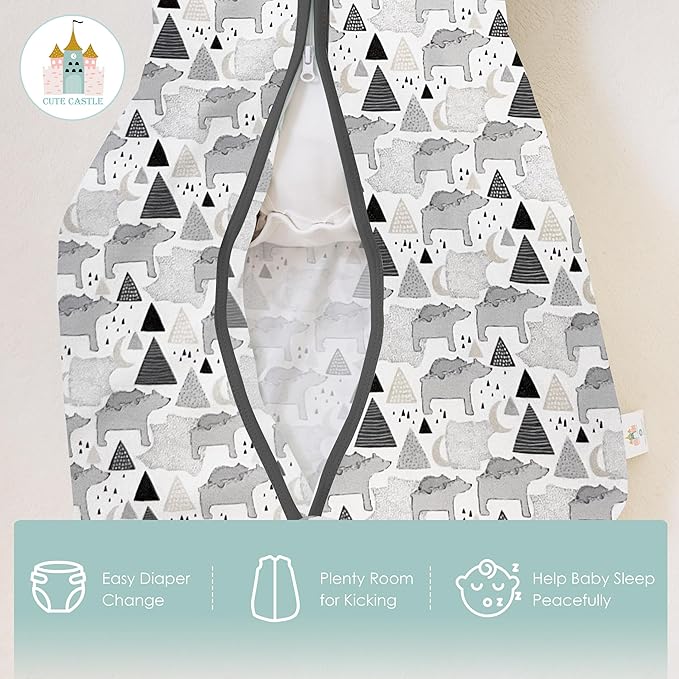 Cute Castle Baby Sleep Sack 0-6 Months - Lightweight 100% Cotton 2-Way Zipper TOG 0.5 Infant Wearable Blanket, Newborn Essentials Toddler Sleep Clothes, 3 Pack(Dark gray, Light gray, Bear)