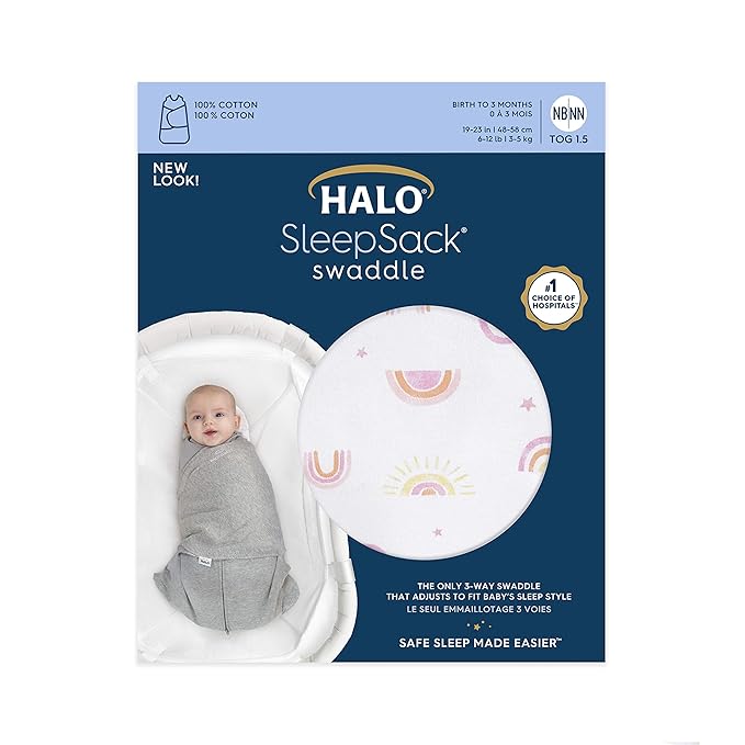 HALO 100% Cotton Sleepsack Swaddle, 3-Way Adjustable Wearable Blanket, TOG 1.5, Sunshine Rainbows, Newborn, 0-3 Months