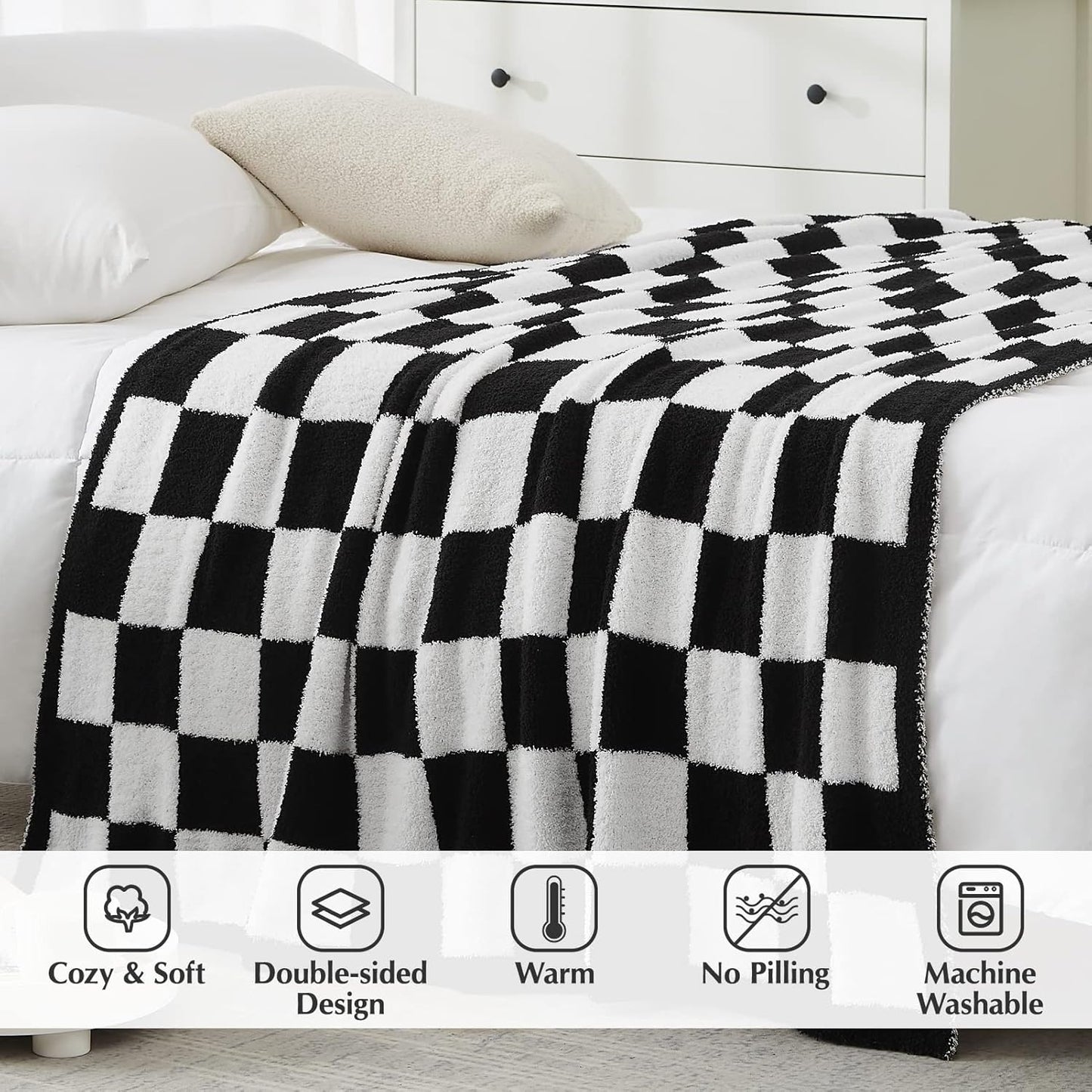 WRENSONGE Checkered Throw Blanket, Black and White Soft Cozy Fluffy Warm Hand Made Throw Blankets for Couch, Sofa, Chair, Bed, Camping, Picnic, Travel Lightweight Bed Blanket - 60"*80"