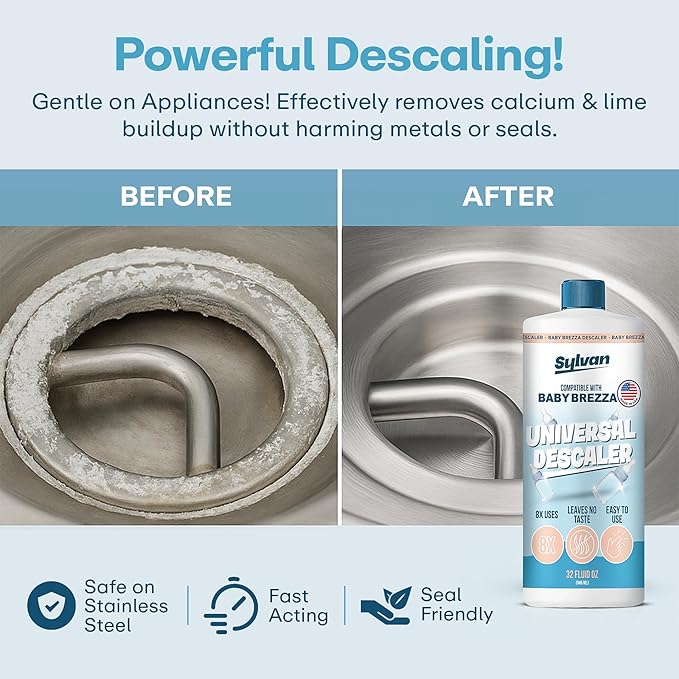 Descaler Compatible with Baby Brezza Machines | 32 Oz | 12 Month Supply | US Made | Free Cleaning Cloth | Descaling Solution Compatible with Baby Appliances | Cleans & Descales