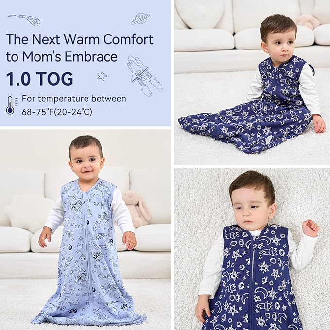 Baby Sleep Sack 0-6 Months 1.0 Tog Baby Wearable Blanket 100% Cotton Sleeping Sack with 2-Way Zipper for Infant Newborn Blue& Green space