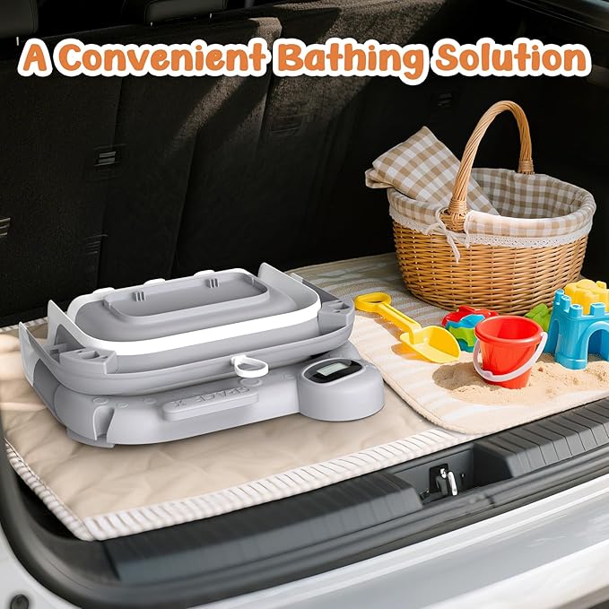 Collapsible Baby Bathtub for Newborn to Toddler (0-24 Months), Portable Baby Bath Tub for Travel, Newborn Bathtub with Soft and Supportive Cushion (Astronaut-Gray)