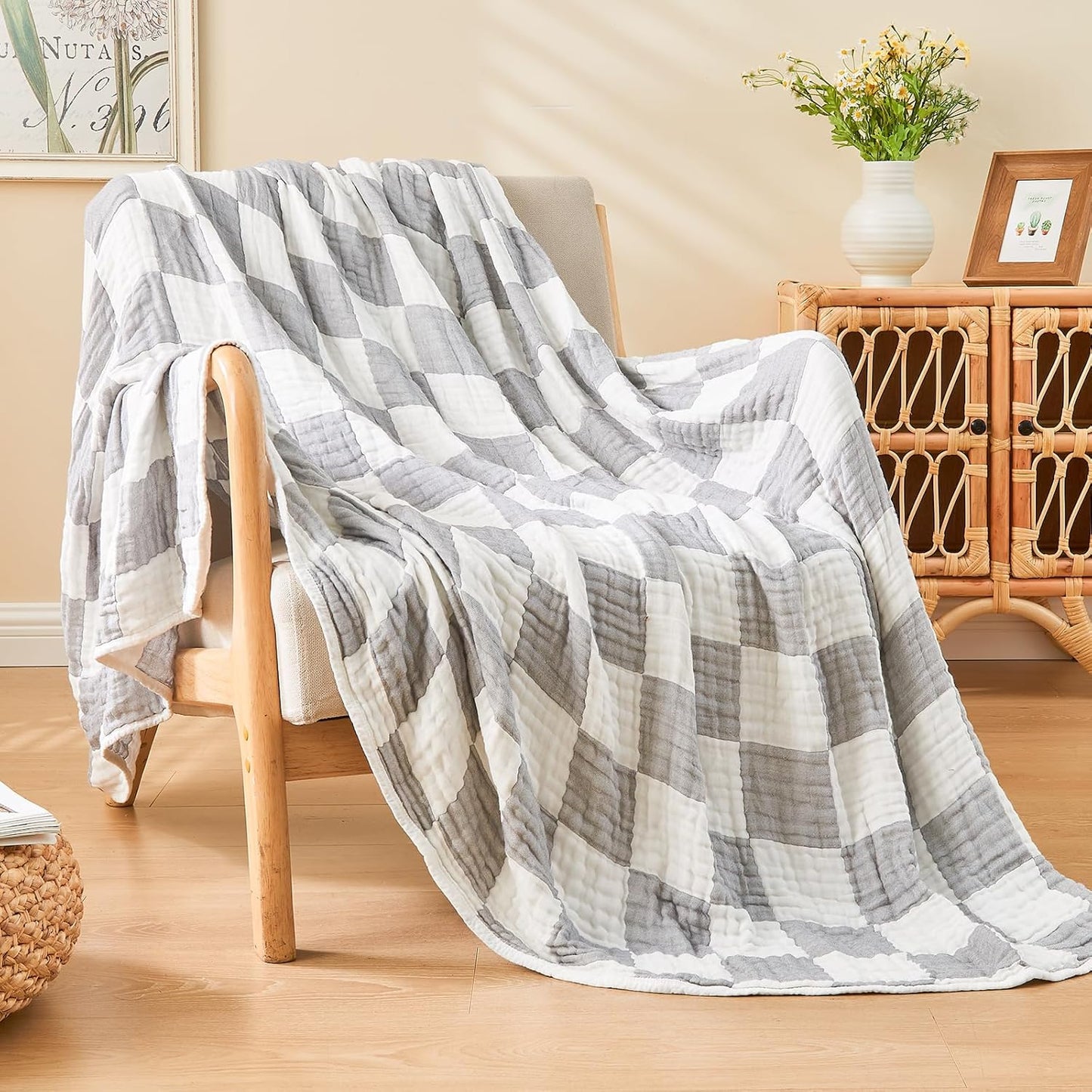 EMME Checkered Throw Blanket Cotton for Couch Soft Muslin Blankets 50"x60" Lightweight Breathable Cooling Soft All Season Gauze, Light Grey