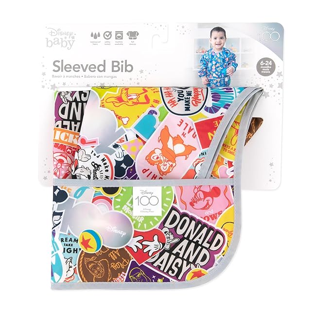 Bumkins Disney Sleeved Bib for Girl or Boy, Baby and Toddler for 6-24 Mos, Essential Must Have for Eating, Feeding, Baby Led Weaning Supplies, Long Sleeve Mess Saving, 100 Years of Fun