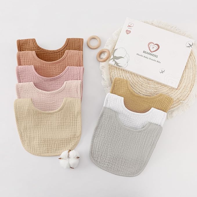 Bearmoss Muslin Baby Drooling Bibs 8 Pack, 100% Cotton Square Adjustable Bandana Bibs Gift for Baby Girls Boys Teething Drool