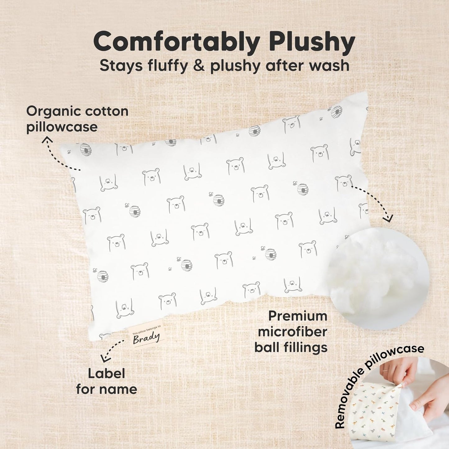 Mini Toddler Pillow with Pillowcase - 9x13 My Little Dreamy Travel Kids Pillow for Sleeping, Toddler Bed, Small, Tiny, Organic Cotton Pillowcase, Soft & Breathable, Kids 2-4 Years Old (KeaFriends)