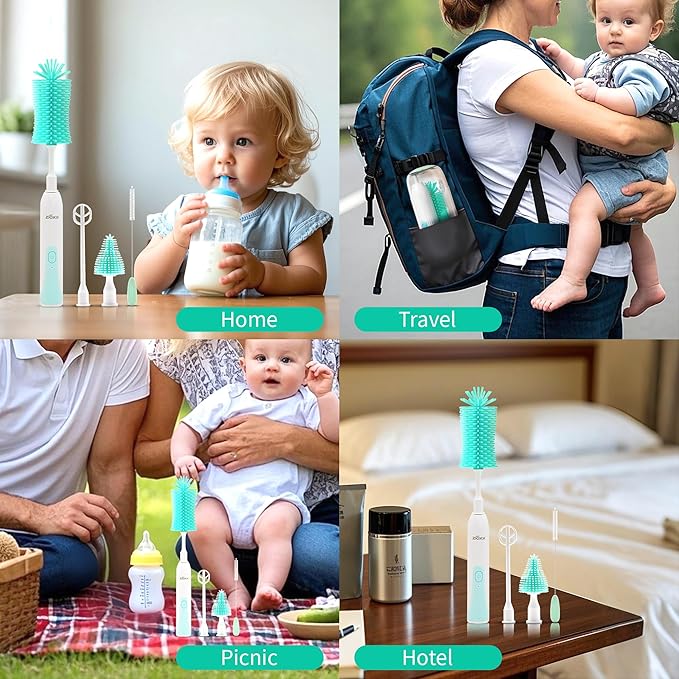 Electric Bottle Brush Cleaner, Portable Electric Baby Bottle Brush Cleaner for Travel, Rechargable Travel Bottle Cleaner Kit with Nipple & Straw Brush, Perfect Mom Essentials After Birth Gift, Green
