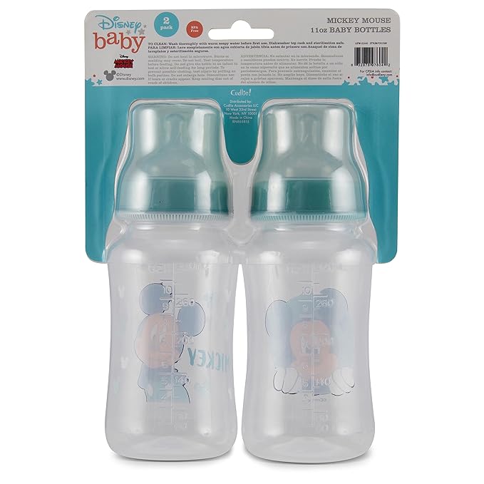 Disney Mickey Mouse Baby Bottles 11 oz for Boys or Girls | 2 Pack of Infant Hourglass Shaped Bottles with Cover for Newborns and All Babies | BPA-Free Plastic Baby Bottle for Baby Shower