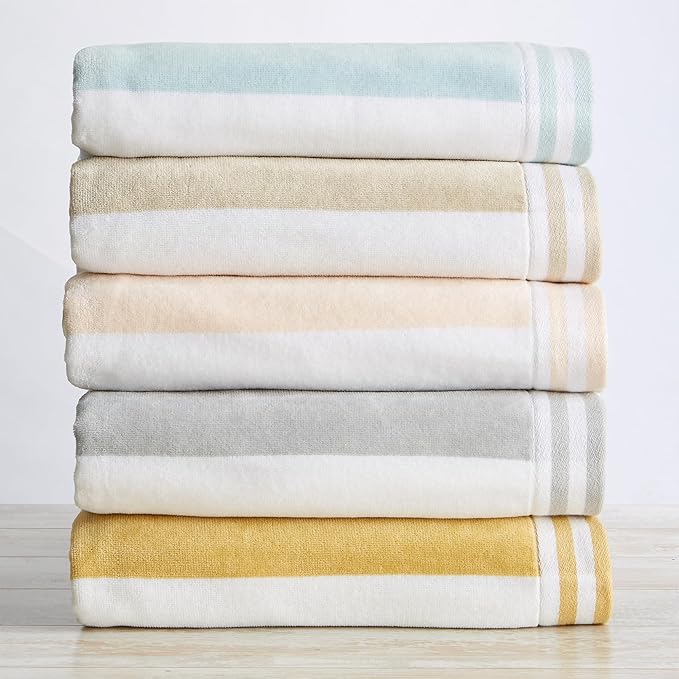 Great Bay Home 100% Cotton Velour 4 Pack Beach Towels 30" x 60" - Taupe Cabana Stripe Pool Towels - Quick Dry, Large Swim Towels