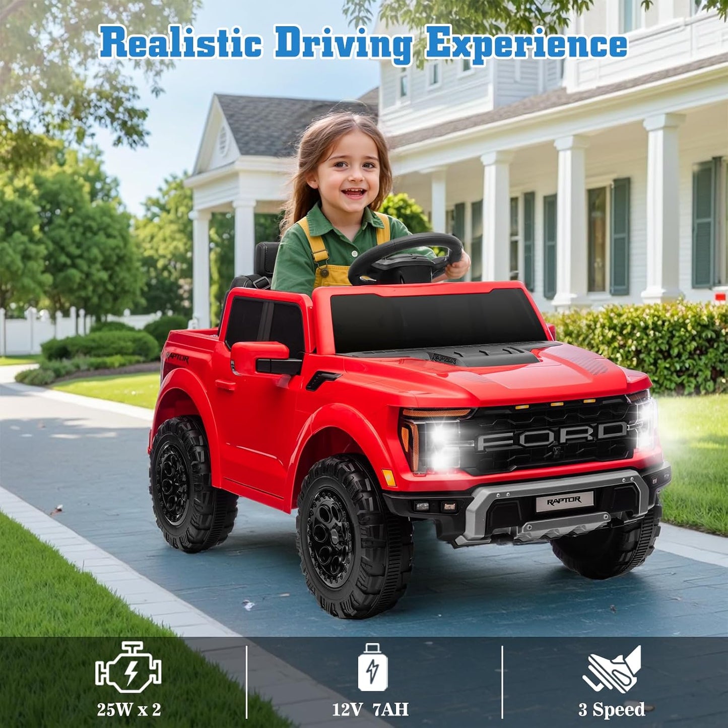 12V Ride on Car Licensed Ford F-150 Raptor, Kids Electric Car with Remote Control, LED Light/Music/MP3, Truck Bed Storage, 3-Point Seat Belt (12V, Red)