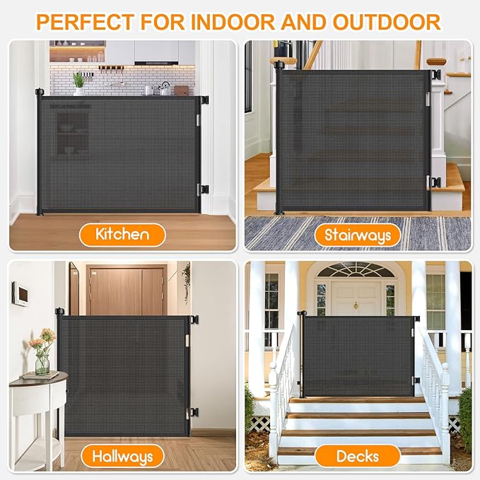 55 Inch Retractable Baby Gates Extra Wide, 41 Inch Reinforced Extra Tall Gate Mesh Safety Gate for Kids Pets, Retractable Dog Gate Baby Retractable Gate for Stair Hallway Doorway Indoor Outdoor, Black