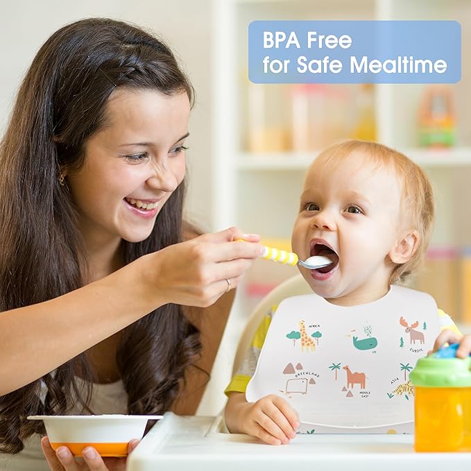 2 Pack Silicone Baby Bibs Adjustable Fit Waterproof Bib With Leak Proof Food Pouch Catcher for Eating Boys Girls