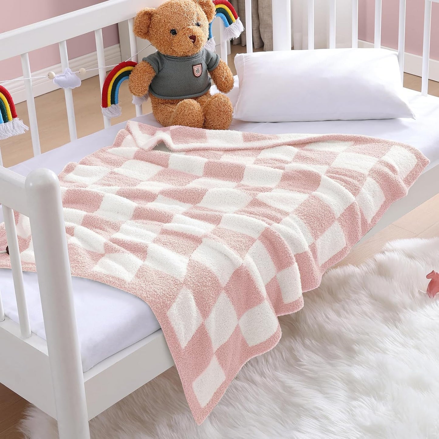 WRENSONGE Checkered Throw Blanket, Pink Microfiber Soft Cozy Fluffy Warm Hand Made Throw Blankets for Couch, Sofa, Chair, Bed, Camping, Picnic, Travel Lightweight Bed Blanket - 30"*40"