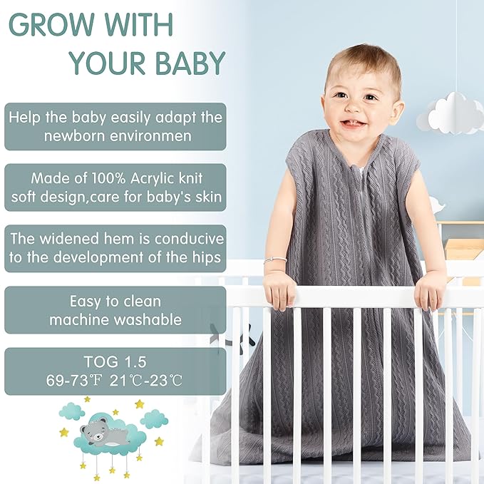 Baby Sleep Sack 18-24 Months, Baby Wearable Blanket 100% Acrylic knit 2-Way Zipper Toddler Sleeping Sack TOG 0.5 (Grey)