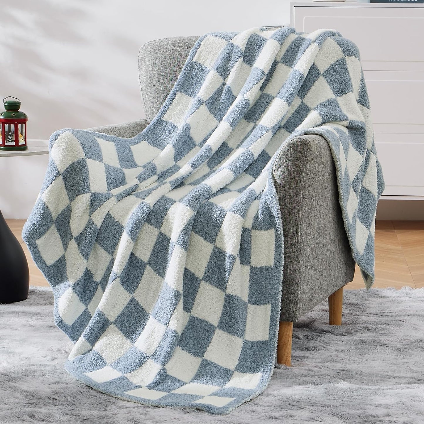 WRENSONGE Checkered Throw Blanket, Grey Blue Soft Cozy Fluffy Warm Hand Made Throw Blankets for Couch, Sofa, Chair, Bed, Camping, Picnic, Travel Lightweight Bed Blanket - 60"*80"