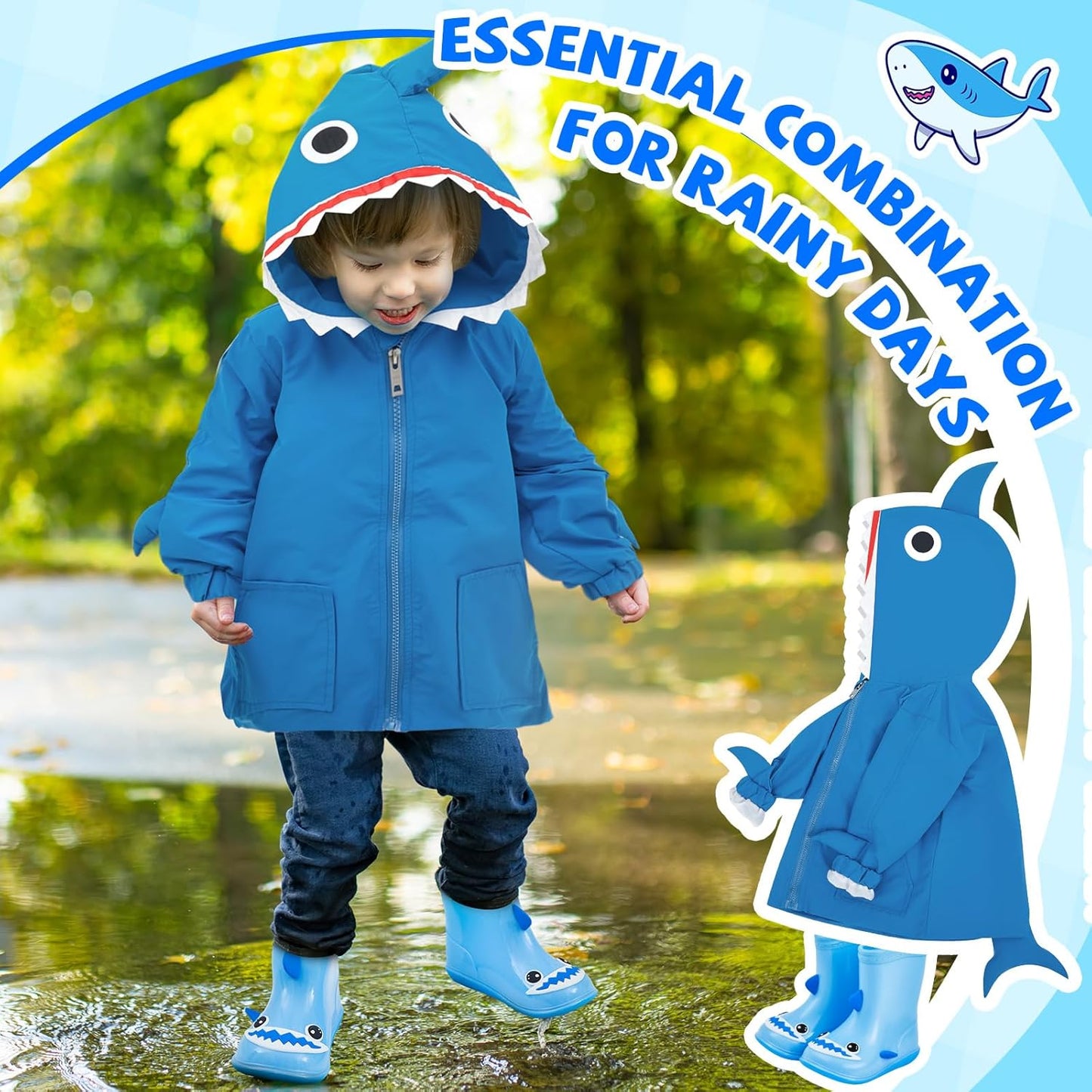 2 Pcs Toddler Raincoat Rain Boots Set Kids Baby Cartoon Hoodie Zipper Jacket Short Rain Shoes for Little Boys Girls