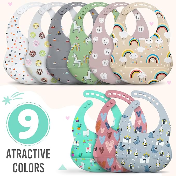 BPA-Free Silicone Baby Bibs with Travel Case, Toddlers Boys/Girls, Large Pocket, Adjustable, Toddlers 6-48 Months
