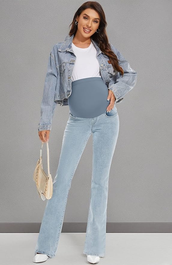 GLAMIX Women's Stretch Maternity Bootcut Jeans with Pockets Over The Belly Bell Bottoms Flare Denim Pants Pregnancy Clothes