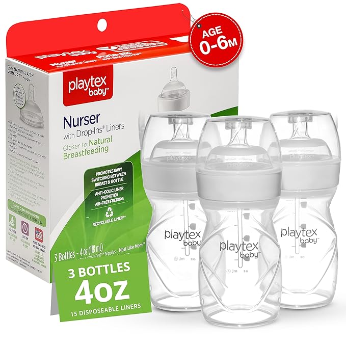 Playtex Baby Anti-Colic Nurser Bottles with Pre-Sterilized Disposable Drop-Ins Liners, 4 Oz Bottles (3 Count), Includes Slow Flow Nipples for Newborn and Breastfeeding Babies, Feeding Essentials