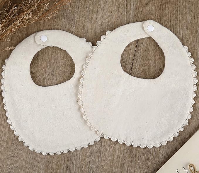 GZMM Baby Bib For Girls,Reversible Waterproof Handmade Natural Cotton Baby Drool Bib 0-12 months 2 Pack (off-white color, 0-12 months)