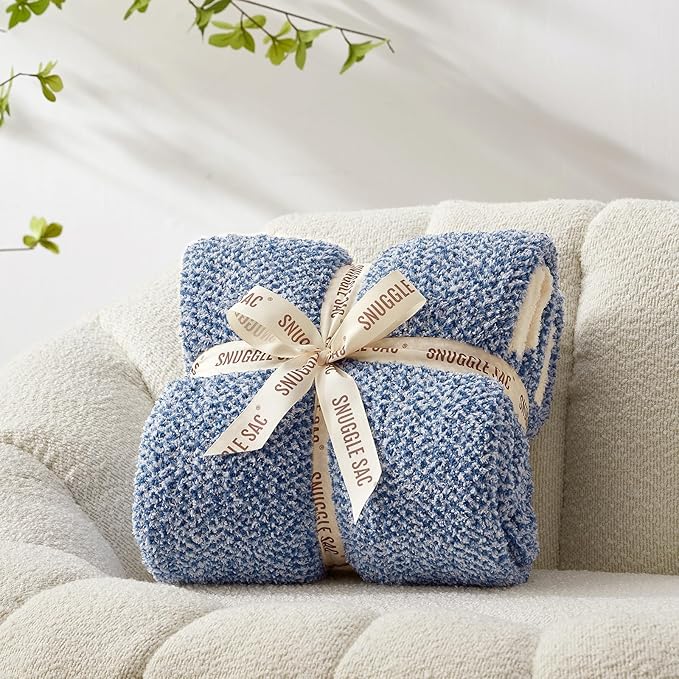 Snuggle Sac Royal Blue Blanket Twin Size for Bed and Sofa, Reversible Super Soft Blankets Warm Cozy Knit Blankets Fuzzy Plush Blankets, Heather Blue, 60x80 inches
