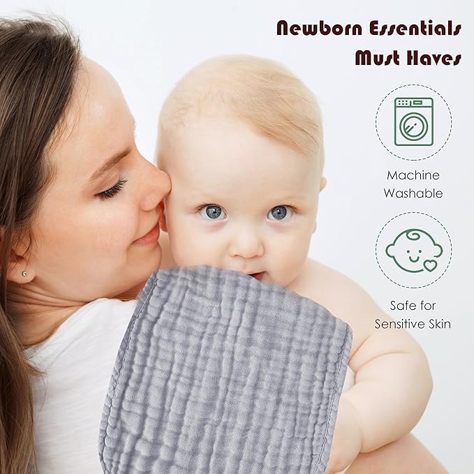 Muslin Burp Cloths 100% Cotton Large 20''x10'' Extra Soft and Absorbent Baby Wash Cloths Spit Up Rags - Baby Burping Cloth for Boys Girls Items(12 Pack Grey)