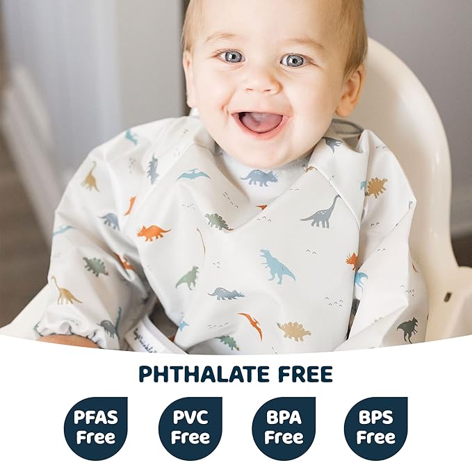 Tiny Twinkle Long Sleeve Bib for Babies & Toddlers – Waterproof Smock Bib for Eating – Machine Washable & Mess-Proof, Baby Feeding Essential & Shower Must-Have(Dinosaur, 2-4Y)