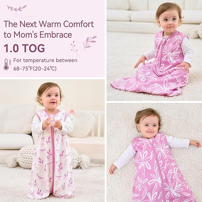 Baby Sleep Sack 18-24 Months 1.0 Tog Baby Wearable Blanket 100% Cotton Sleeping Sack with 2-Way Zipper for Toddler Infant Purple Leaf