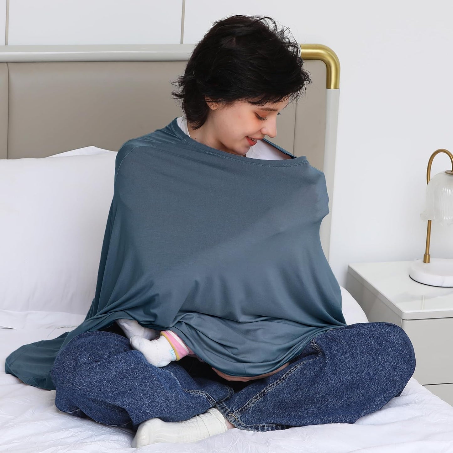 Nursing Cover for Breastfeeding, 360°Full Coverage Nursing Poncho, Rayon Soft & Breathable Breastfeeding Cover up (Smooth Rayon, Blue)