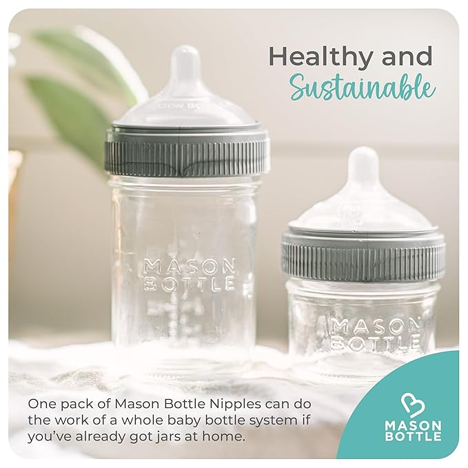 Mason Bottle Medium Flow Nipples (3–6 Months) – Silicone Baby Bottle Nipples, Fits Any Regular-Mouth Mason Jars – Wide Natural Shape, BPA-Free, Non-Toxic, Made in USA (2-Pack)