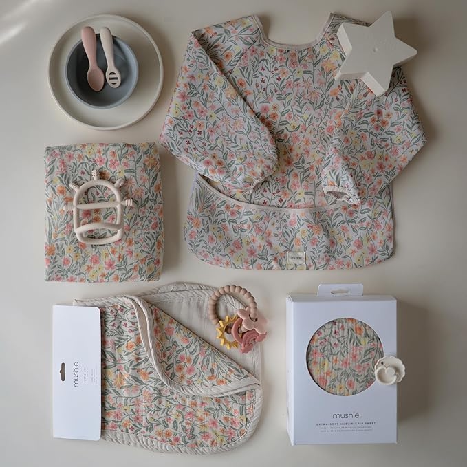 mushie Muslin Baby Burp Cloths | 100% Organic Cotton, Set of 2 (Pastel Blooms/Fog)