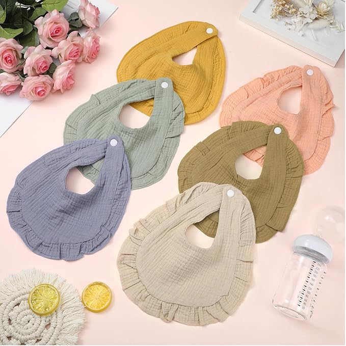 Seematn 10 Pcs Baby Muslin Bibs Drool Bibs Bandana Ruffle Soft Cotton for Newborn Baby Infants Girl Teething Toddlers Boy(Gentle Colors)