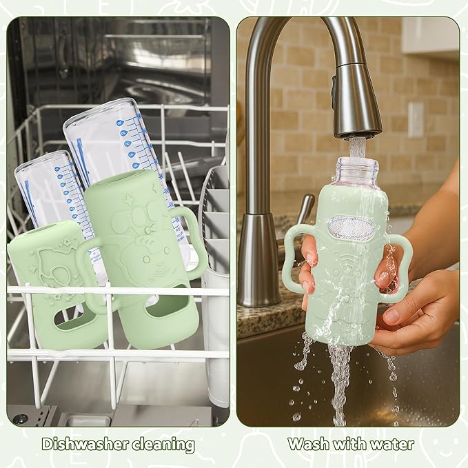 KingKam 4 Pack Silicone Sleeves for Dr. Brown's Glass Baby Bottles, Drop Protection Easy-Grip Baby Bottle Sleeves Holder with Handles, Compatible with Dr. Brown's Narrow Glass Bottles 8oz