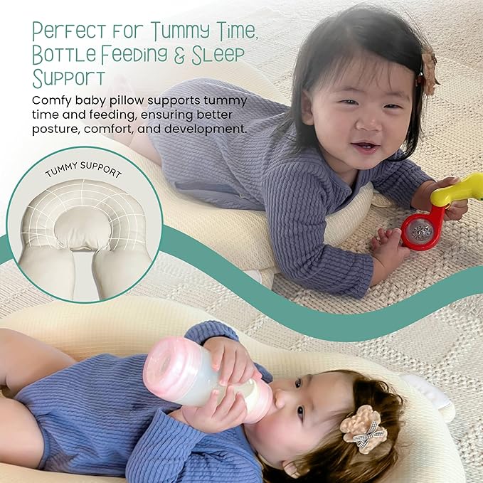 Baby Pillow (Cover+Pillow) Anti-Roll, Nursing, and Tummy Time Features, 3D Air Mesh Fabric for Breathability. Adjustable Thickness, Easy Care