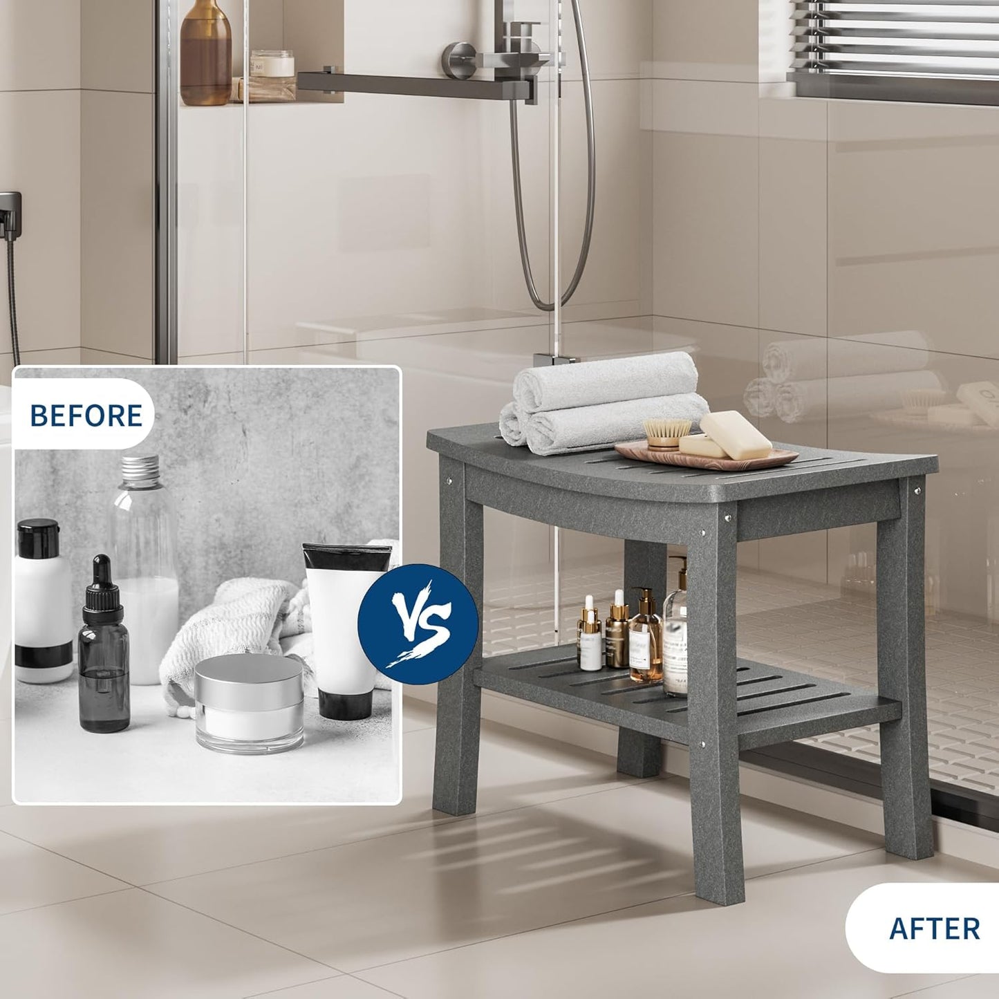 HDPE Shower Bench with Storage Shelf,Waterproof Shower Seat Stool Chair for Bathroom Bathtub,Non-Slip Spa Stool,Indoor Outdoor Use,Space-Saving,No Maintenance