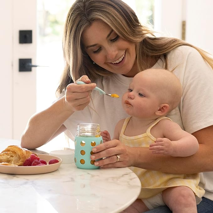 Lifefactory 8-Ounce Wide Neck Glass Baby Bottle with Protective Silicone Sleeve and Flat Cap, Mint (LG2231WMI4)