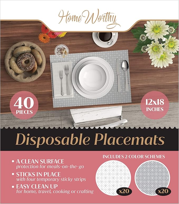 Gray and White Disposable Placemats for Baby, Toddlers, Children and Adults - Sticky Toppers for Tables - Restaurant, Travel, Airplane Tray Covers, Schools - 40 Pack