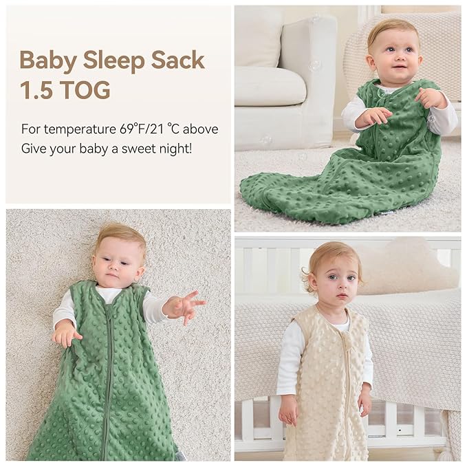 Fleece Baby Sleep Sack 0-6 Months with Plush Dots 1.5 Tog Baby Wearable Blanket with 2-Way Zipper Warm Sleeping Sack for Toddler Infant Newborn - Small, Apricot & Dark Green