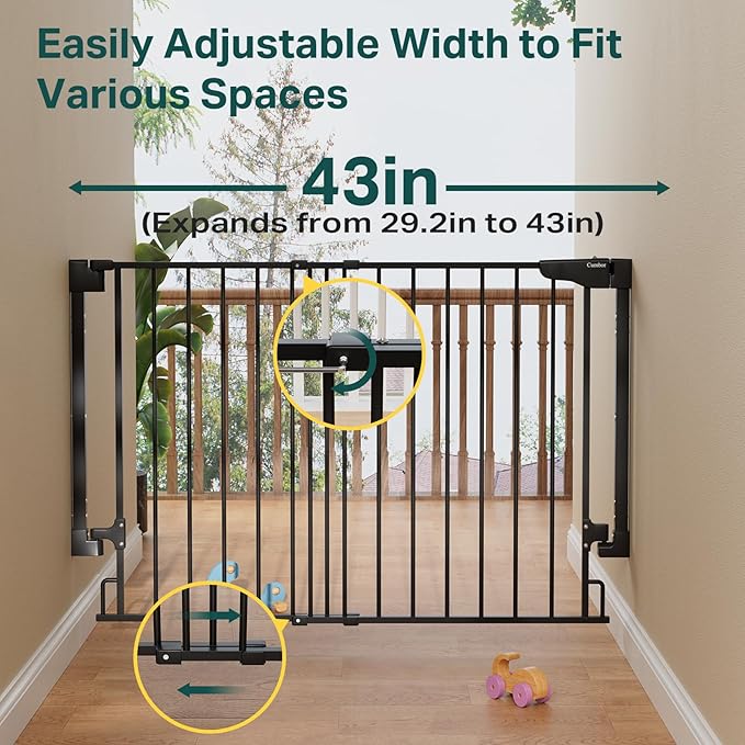 Cumbor 29.2–43" Baby Gate for Stairs, Wall-Mounted (Drill Required), Expandable No Bottom Bar Dog Gate, Auto Close Extra Wide Walk Thru, Pet & Toddler Proof Gate, Top & Bottom of Stairways(Black)