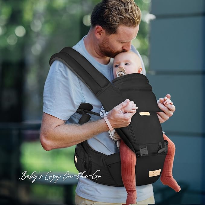 FRUITEAM 6-in-1 Baby Carrier with Waist Stool/Hip Seat for Breastfeeding, One Size Fits All - Adapt to Newborn, Infant & Toddler (Cool Black)