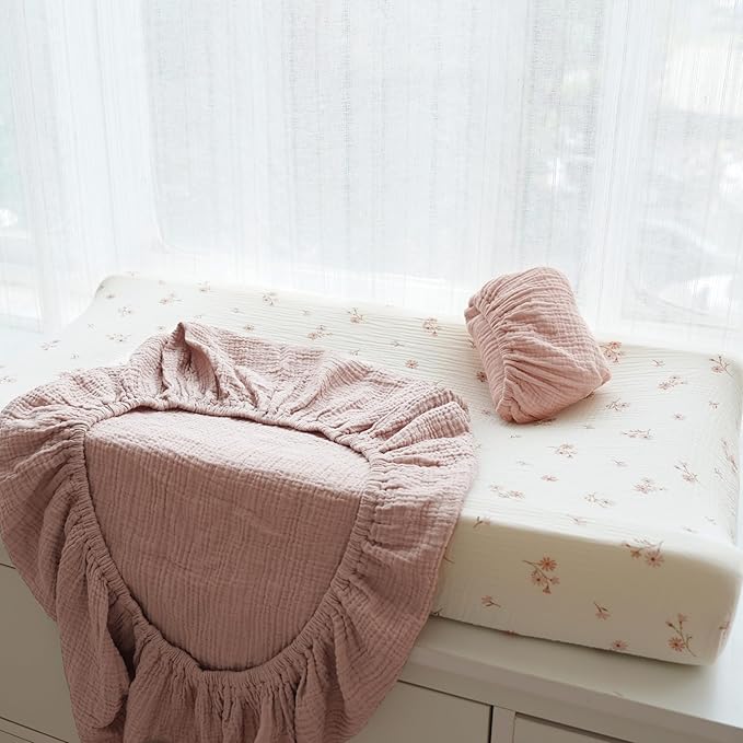 3 Pack Muslin Changing Pad Covers for Girl, Boy, 100% Soft Cotton Changing Table Cover, Breathable Baby Nursery Diaper Change Pad Fitted Sheets (Daisy Petal)
