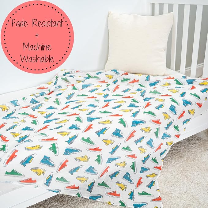LollyBanks Swaddle Blanket, 100% Cotton Muslin Swaddle Blankets, Neutral Swaddle Blanket 47 x 47 Inches, Baby Blanket for Boys and Girls, Baby Essentials, Registry (Sneakers Print)