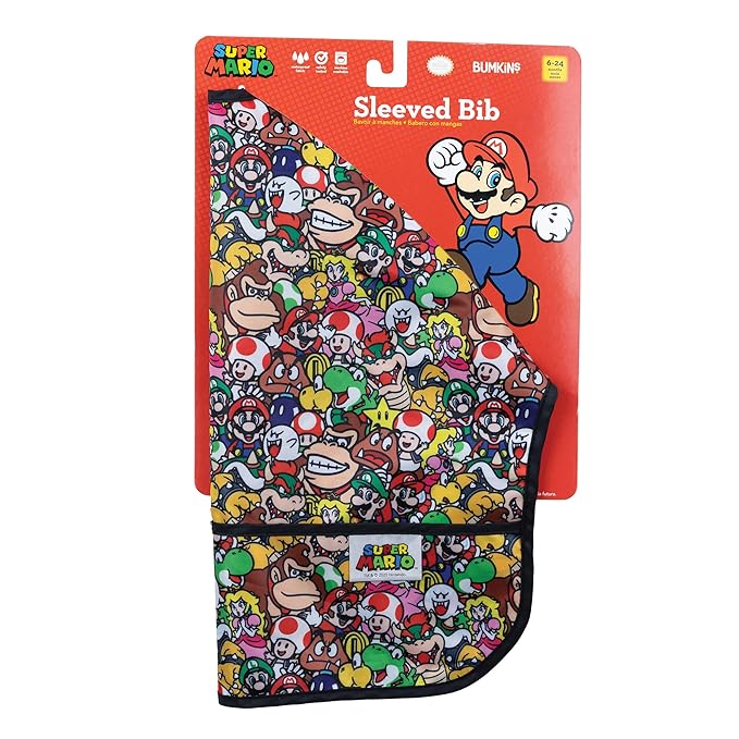 Bumkins Sleeved Bib for Girl or Boy, Baby and Toddler for 6-24 Mos, Essential Must Have for Eating, Feeding, Baby Led Weaning Supplies, Long Sleeve Mess Saving Food Catcher, Nintendo Super Mario