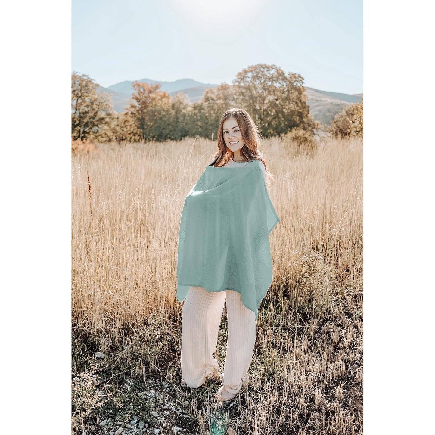 Konssy Muslin Nursing Cover for Baby Breastfeeding, Breathable 100% Cotton Breastfeeding Cover with Rigid Hoop for Mother Nursing Apron, Multi-use Carseat Canopy (Green)