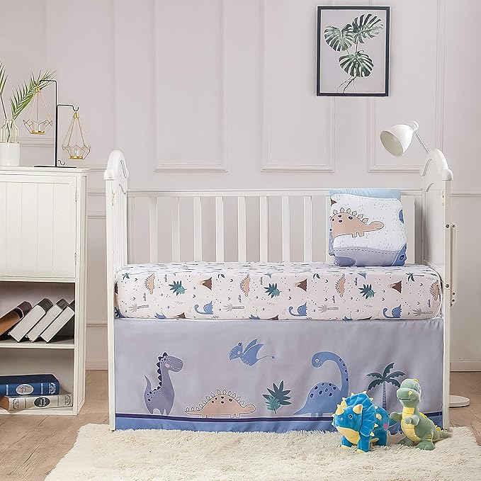 La Premura Baby Crib Bedding Set for Boys – Dinosaur 3 Piece Standard Size Nursery Crib Comforter Set, Grey/Blue - Unisex Baby Nursery Bedding and Neutral Decor