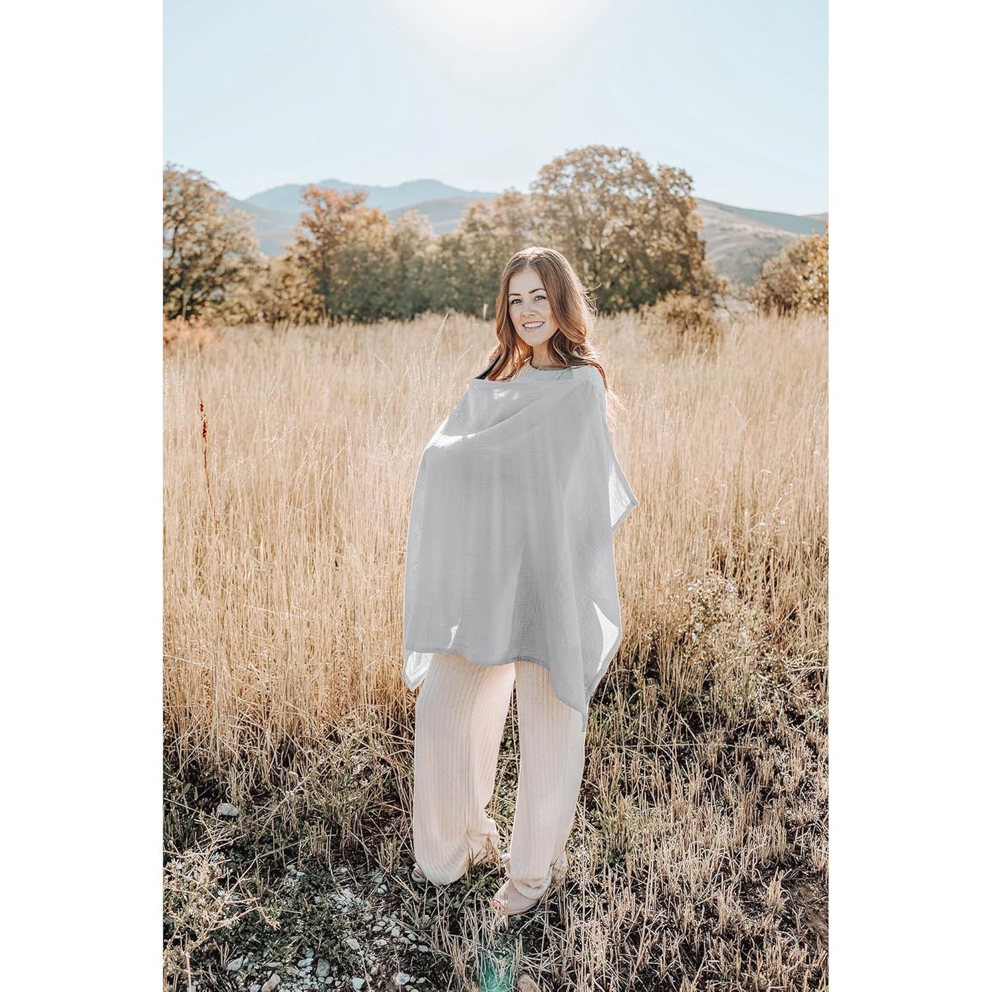 Konssy Muslin Nursing Cover for Baby Breastfeeding, Breathable 100% Cotton Breastfeeding Cover with Rigid Hoop for Mother Nursing Apron, Multi-use Carseat Canopy (Grey)