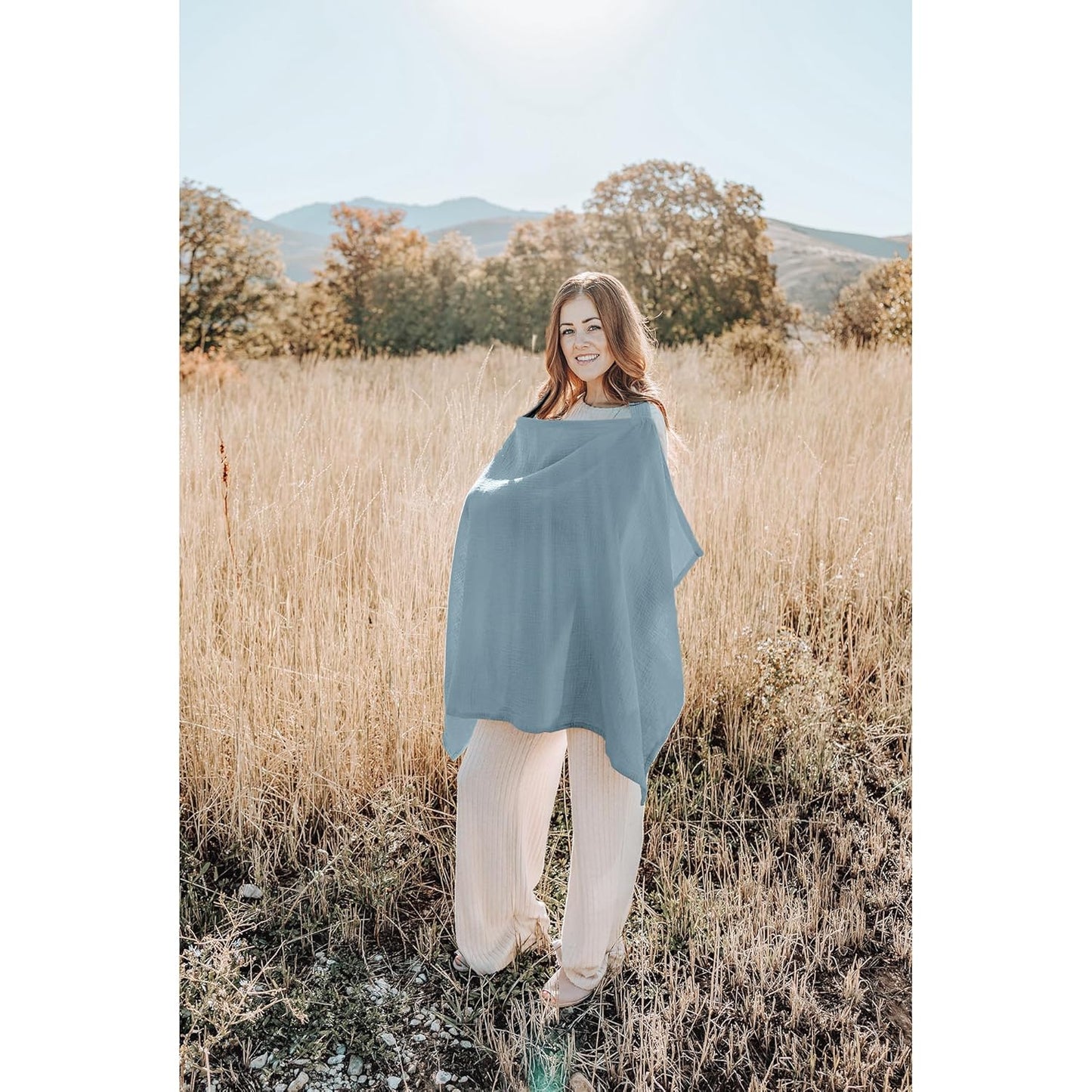 Konssy Muslin Nursing Cover for Baby Breastfeeding, Breathable 100% Cotton Breastfeeding Cover with Rigid Hoop for Mother Nursing Apron, Multi-use Carseat Canopy (Blue)