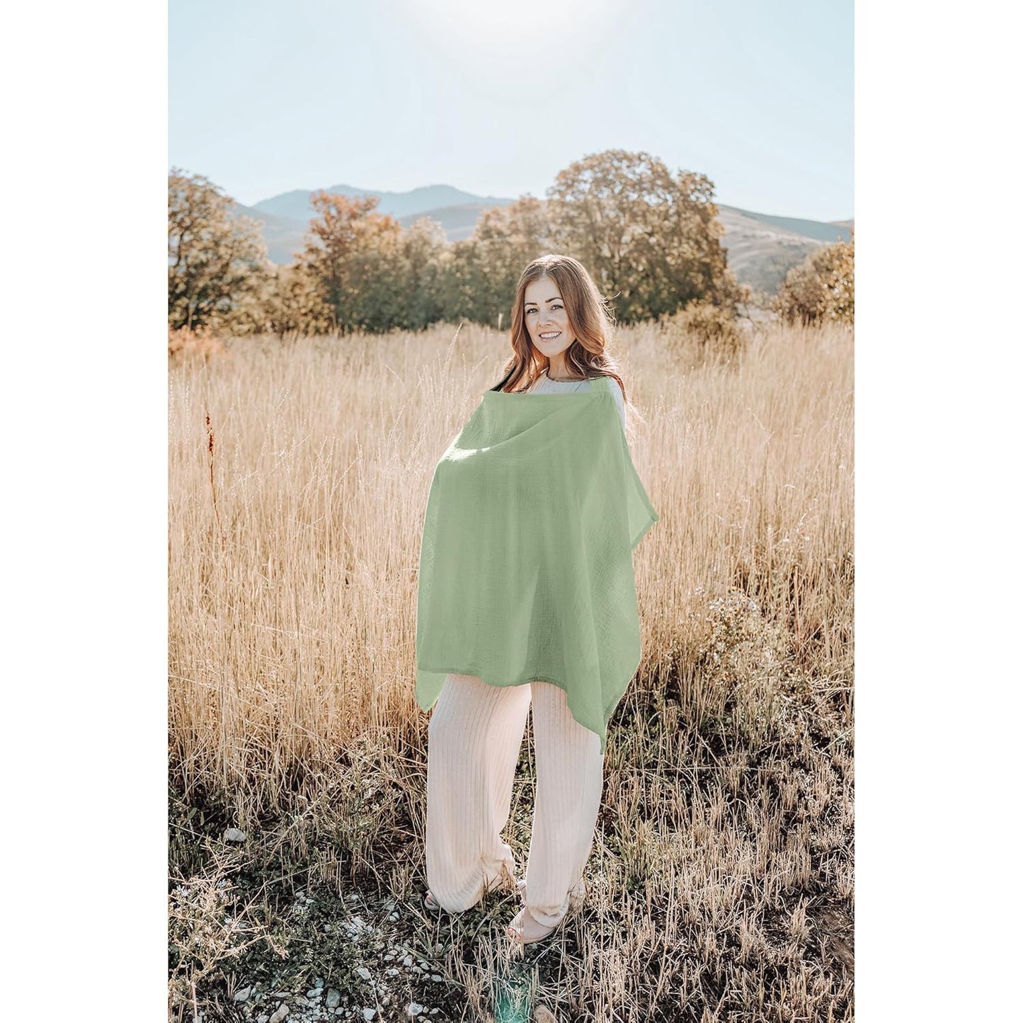 Konssy Muslin Nursing Cover for Baby Breastfeeding, Breathable 100% Cotton Breastfeeding Cover with Rigid Hoop for Mother Nursing Apron, Multi-use Carseat Canopy (Sage)