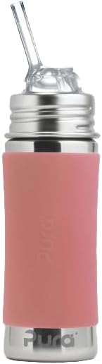 Pura Kiki 11oz/325ml Stainless Steel Straw Bottle w/Sleeve - 100% Plastic-Free, MadeSafe Certified, 100% Medical-Grade Silicone Straw for Kids, Toddlers, Preschoolers, Babies & Infant - New Rose