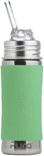 Pura Kiki 11oz/325ml Stainless Steel Straw Bottle w/Sleeve, 100% Plastic-Free, MadeSafe Certified, 100% Medical-Grade Silicone Straw for Kids, Toddlers, Preschoolers, Babies & Infant - New Moss